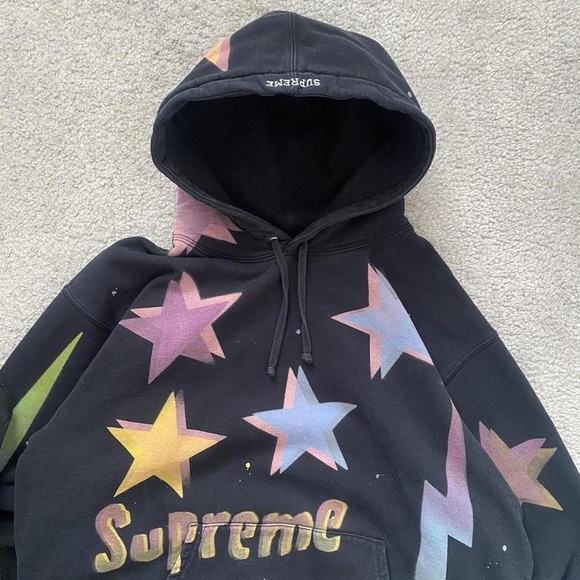 Supreme Black Hoodie with Colorful Stars and Lightning - Picture 3 of 5